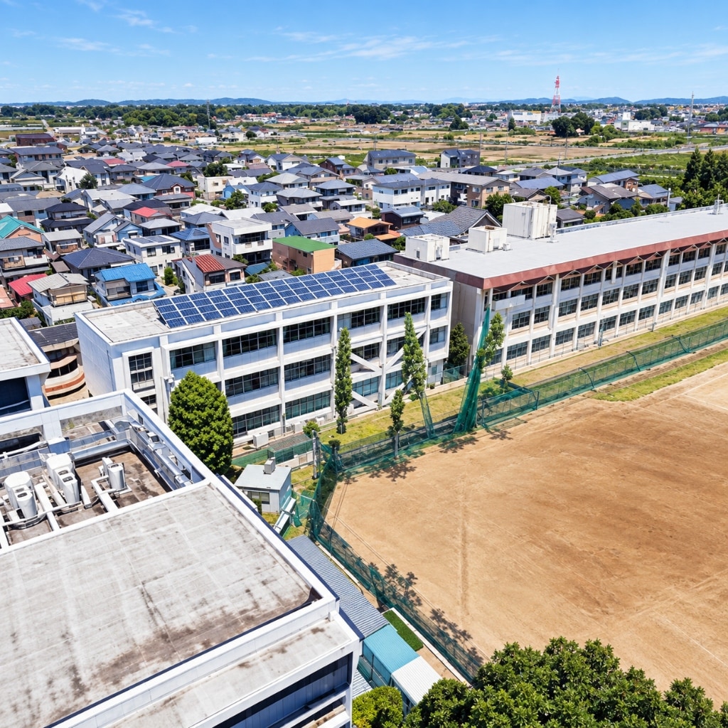 古河一高 校舎棟とグラウンド風景